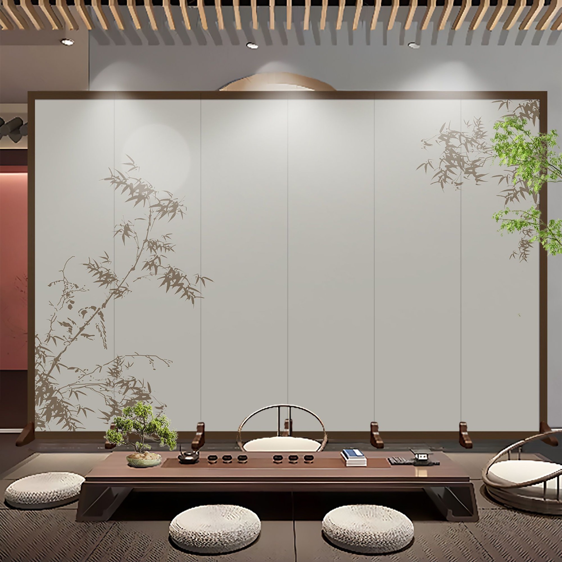 Simple Folding Movable Screen Partition with Landscape Ink Painting Design for Entryway Facing the Door, Living Room Divider Screen