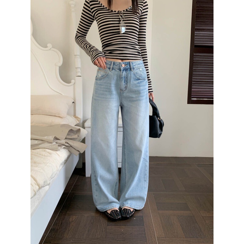 Gagd Narrow-Fit Slimming Light Blue Low-Saturation Straight-Leg Jeans for Women ~ Korean Style Workwear Ripped Jeans That Make Legs Look Straight