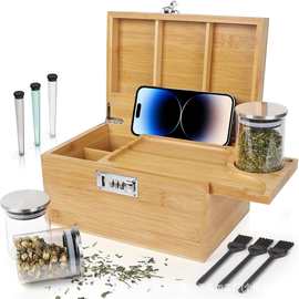 跨境竹制收纳盒木制带隔层方形密码盒翻盖式密码包装盒木制茶叶盒