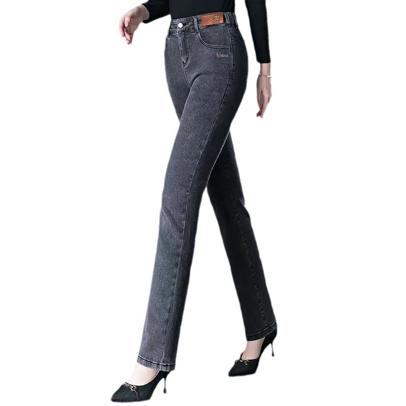 연기 회색 스트레이트 다리 청바지 여성의 봄과 가을 새로운 중년 하이 허리 여성 바지 슬리밍 스트레치 엄마 스트레이트 다리 바지