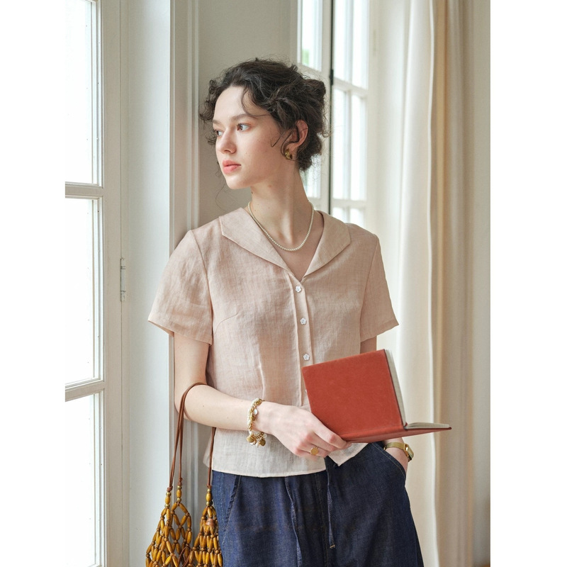 Simpelretro Peach Green Plum Tencel Ramie Lapel Short Sleeve Shirt for Women Retro Short Commuter Blouse Summer Simpelretro Peach Green Plum Tencel Ramie Lapel Short Sleeve Shirt for Women Retro Short Commuter Blouse Summer