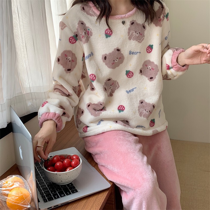 Round neck coral fleece pajamas female cartoon bear sweet cute flannel warm thickened home wear pajamas
