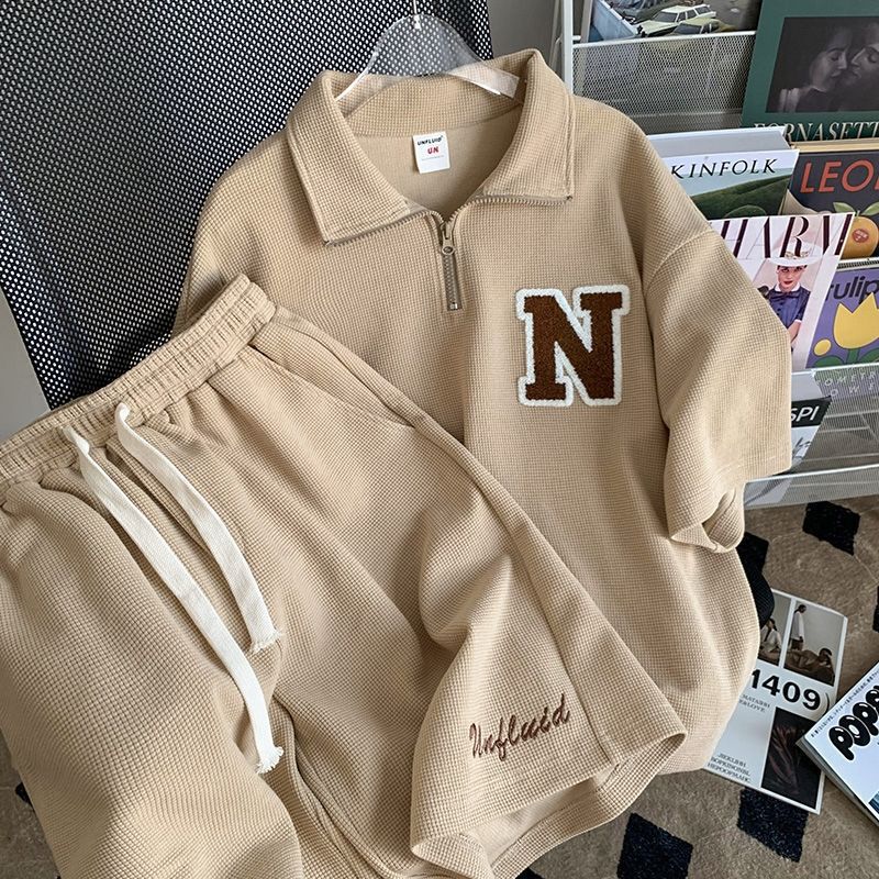 Single piece/suit waffle leisure sports suit men and women summer new shorts polo top two piece trendy