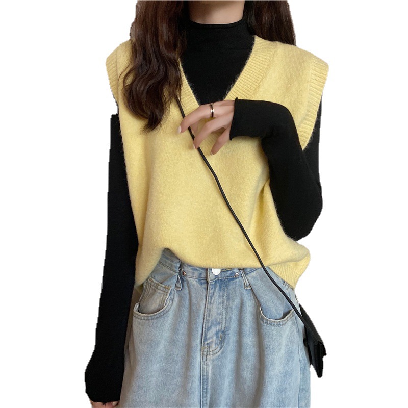 2023 otoño e invierno nuevo color sólido con cuello en V chaleco sin mangas chaleco abrigo suéter de las mujeres Chaleco de punto superior ins comercio exterior