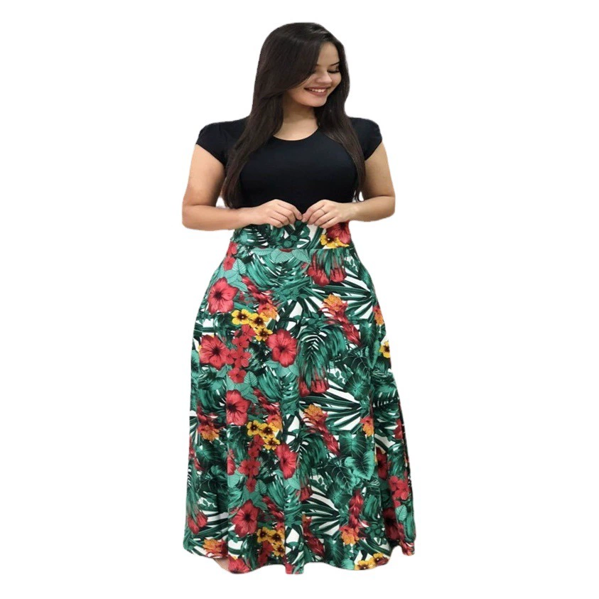 Трансграничное желание AliExpress 2023 версия европейского и американского стиля с цветочным принтом, цветное соответствие с коротким рукавом, платье больших размеров для женщин