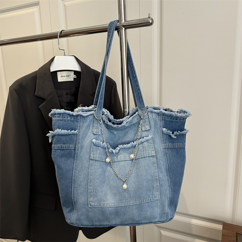 Borsa tote in denim sfumato borsa a spalla donna versatile_voghion.com