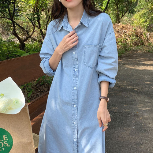 Korean chic autumn simple stand-up collar single-breasted loose shirt dress casual long-length long-sleeved denim dress for women