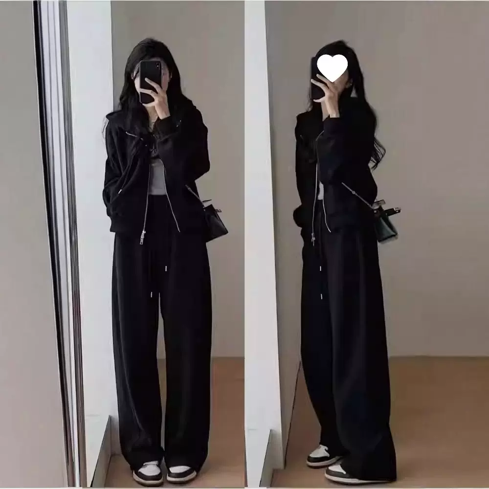 6700# 官图 华棉刷毛 薄款/加绒  双拉链开衫卫衣女+长裤两件套装