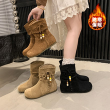 短筒靴子女2025秋季新款复古平底串珠绑带短靴软底时尚磨砂马丁靴