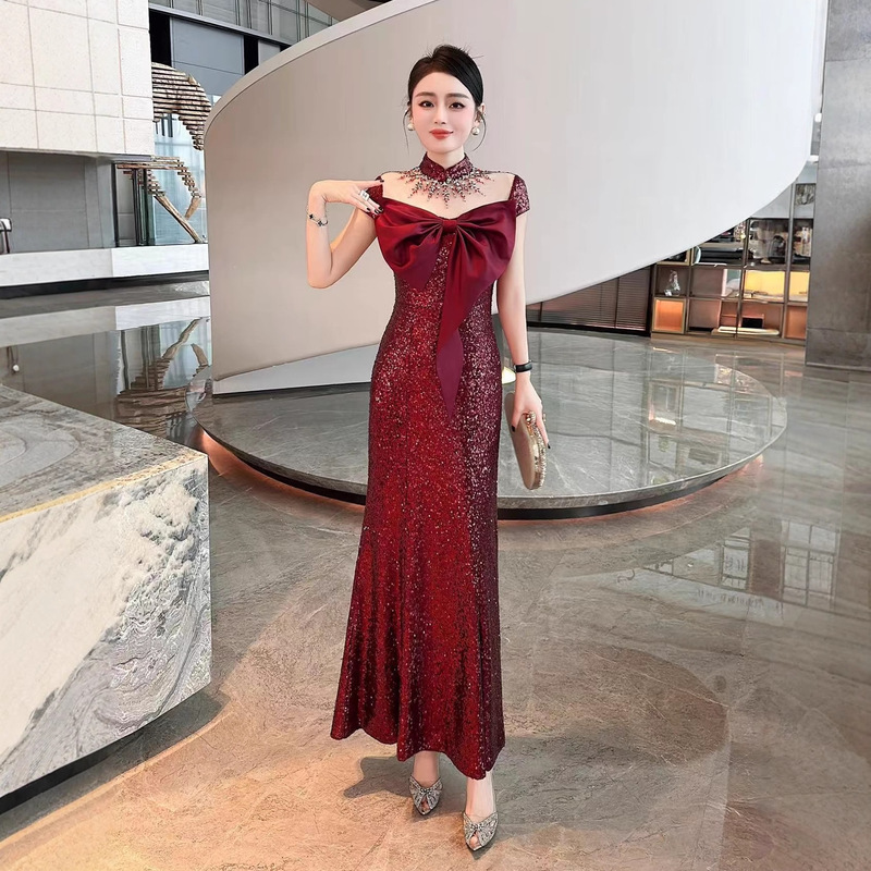 Nanyou High-End Wedding Banquet Dress, Light Luxury Plus-Size Sequined Elegant Fishtail Evening Gown with Short Sleeves