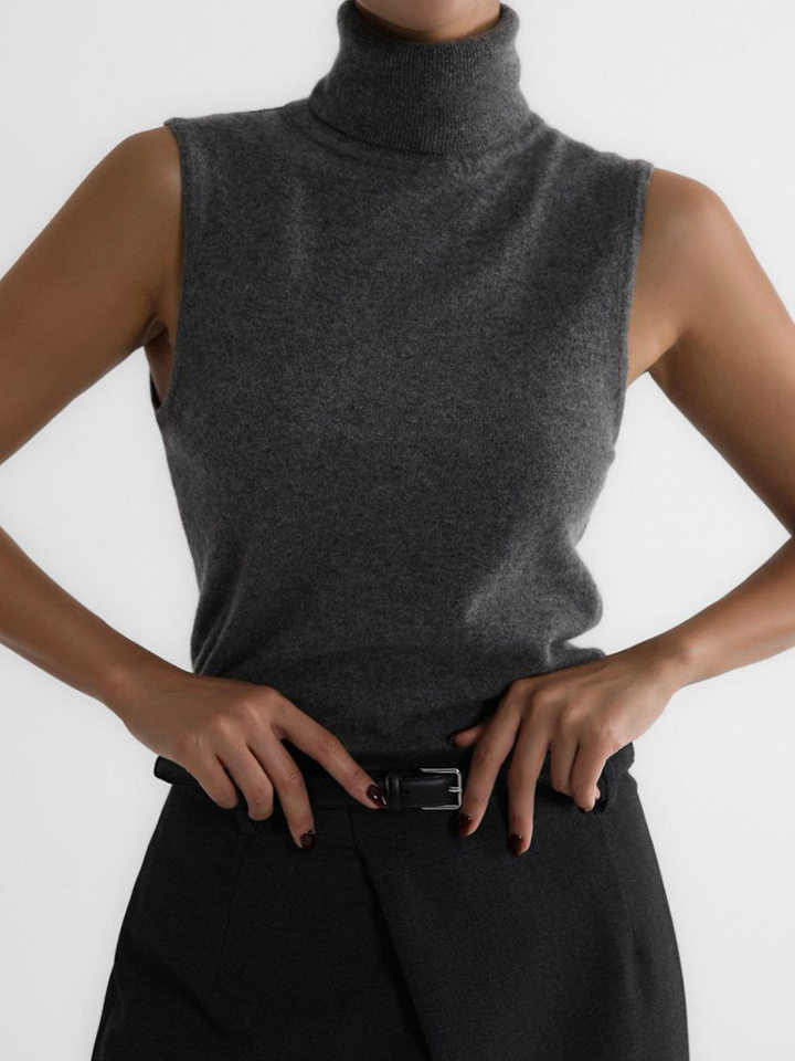Bộ áo len dệt kim nữ cổ cao không tay kèm áo cardigan dáng suông — Áo vest màu nâu, Áo vest màu xám đậm, áo vest màu vàng, áo vest màu xanh chi tiết 91