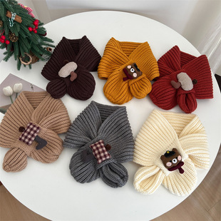 Baby's Scarf Autumn and Winter Cute Cartoon Knitted Wool Neck All-match Warm Cold-proof Cross Neck for Boys and Girls