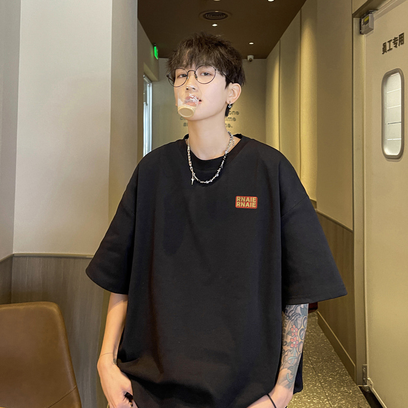 Marca de moda Otoño hombres de manga corta Camiseta de algodón de los hombres cuello redondo más tamaño de grasa suelta de manga corta azul oscuro 5 image 7