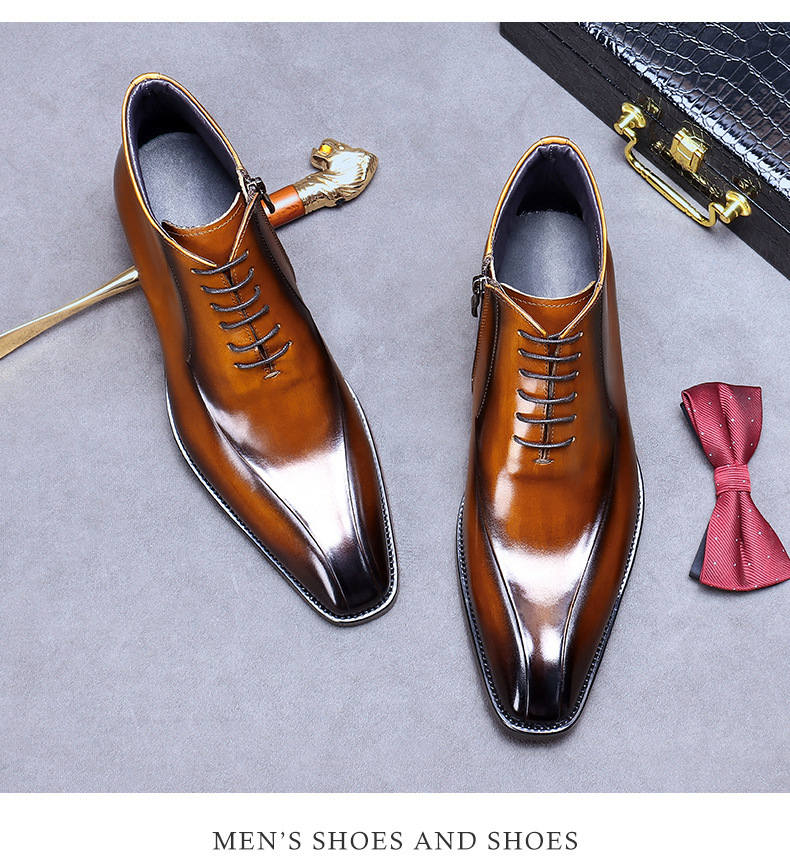 Kožené boty Velkoobchodní továrna Britské martinské boty Pravá kůže Módní společenské boty Špičatá špička Zip Vysoké kožené boty Kotníkové boty_voghion.com