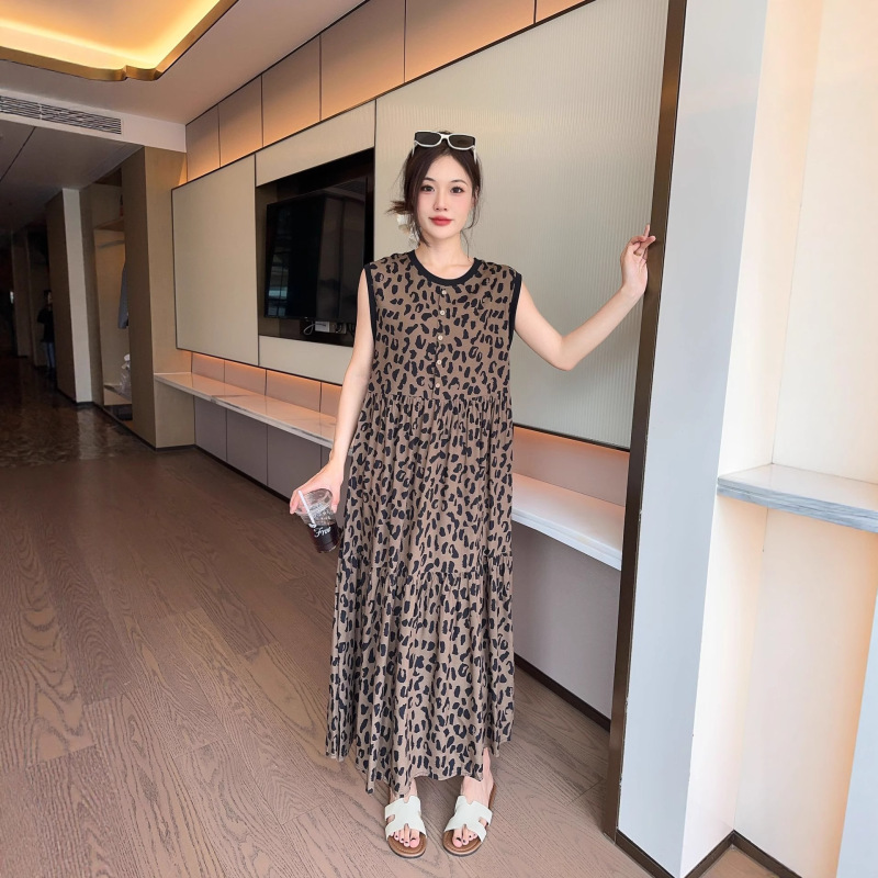 夏季新款棉绸印花背心裙时尚拼接双层蛋糕裙圆领无袖系带连衣裙|undefined