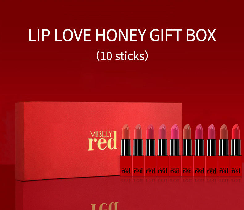 VIBELY China Red Non-Stick Cup Rim Red Gift Box Set of 10 matte matte non-fading Bright Red lipsticks undefined