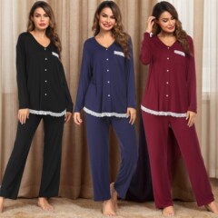 アマゾンは国境を越えて欧米の女性スーツの長袖のズボンの家のパジャマのレースをつないで家の服のパジャマのスーツをつなぎます。
