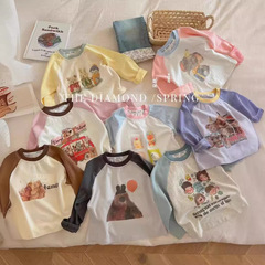 春秋季兒童新款韓系卡通圓領長袖上衣拼接t恤男女童打底0031A044