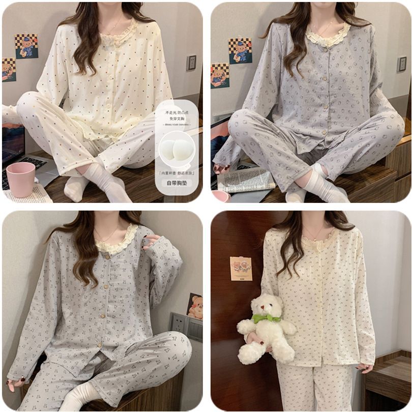 Pijamas al por mayor transfronterizos de mujeres con cojín de pecho primavera y otoño cardigans de mangas largas pantalones dulces nubes de algodón perfumado ropa para el hogar