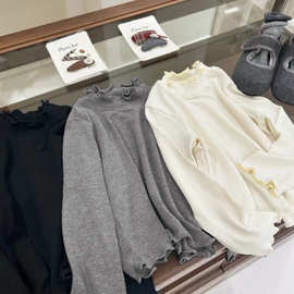 2025春秋新款软糯糯女宝宝木耳边打底衫长袖纯色百搭上衣T恤童装