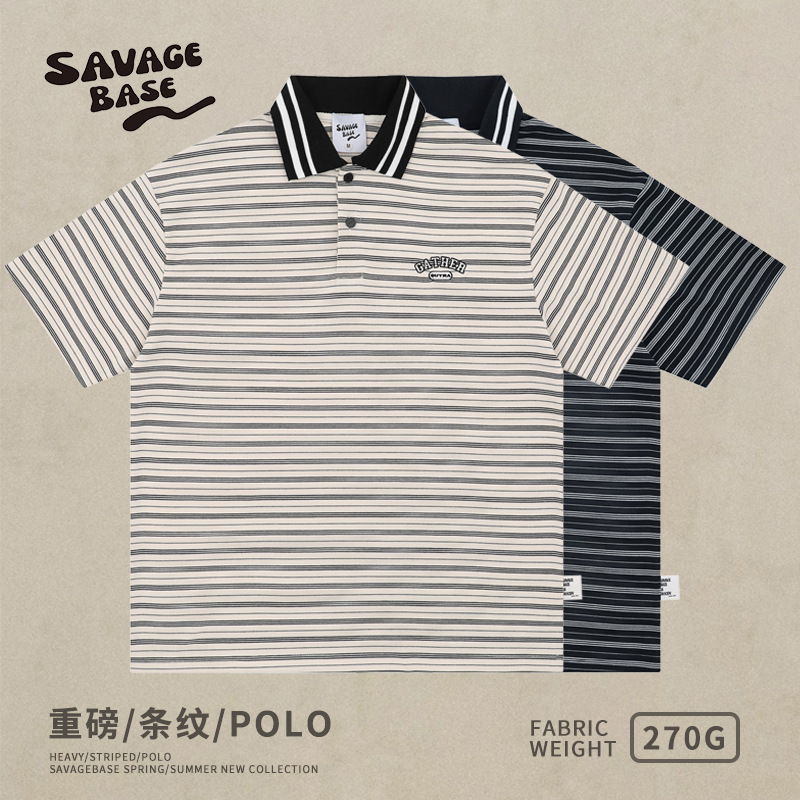 270g Japanese Retro Color-Blocked Fine Striped Short-Sleeve Polo Shirt Summer Couple's Versatile Top Trendy Loose Fit