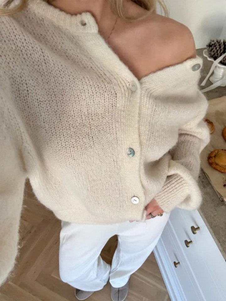 Áo cardigan len dệt kim dáng mỏng nhẹ cài nút một hàng, tay dài cổ tròn nữ — hoa hồng đỏ, màu be, màu cam, màu hoa cà chi tiết 60