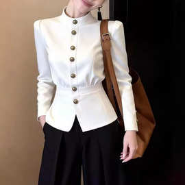 法式时尚高级感收腰显瘦正肩设计白色长袖上衣女2026春季新款百搭