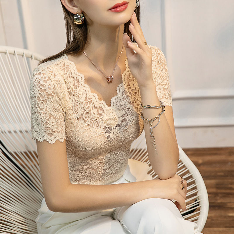 2021 Summer New Lace Short-sleeved Base Shirt Women's V-neck Slim-fit Sexy Hollow Foreign-style Inner Shirt for Spring and Summer