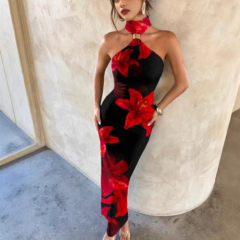 Summer Fashion High Neck Off Shoulder Floral Print Dress For Women Elegant Slit Design American Style_ecoleips.com