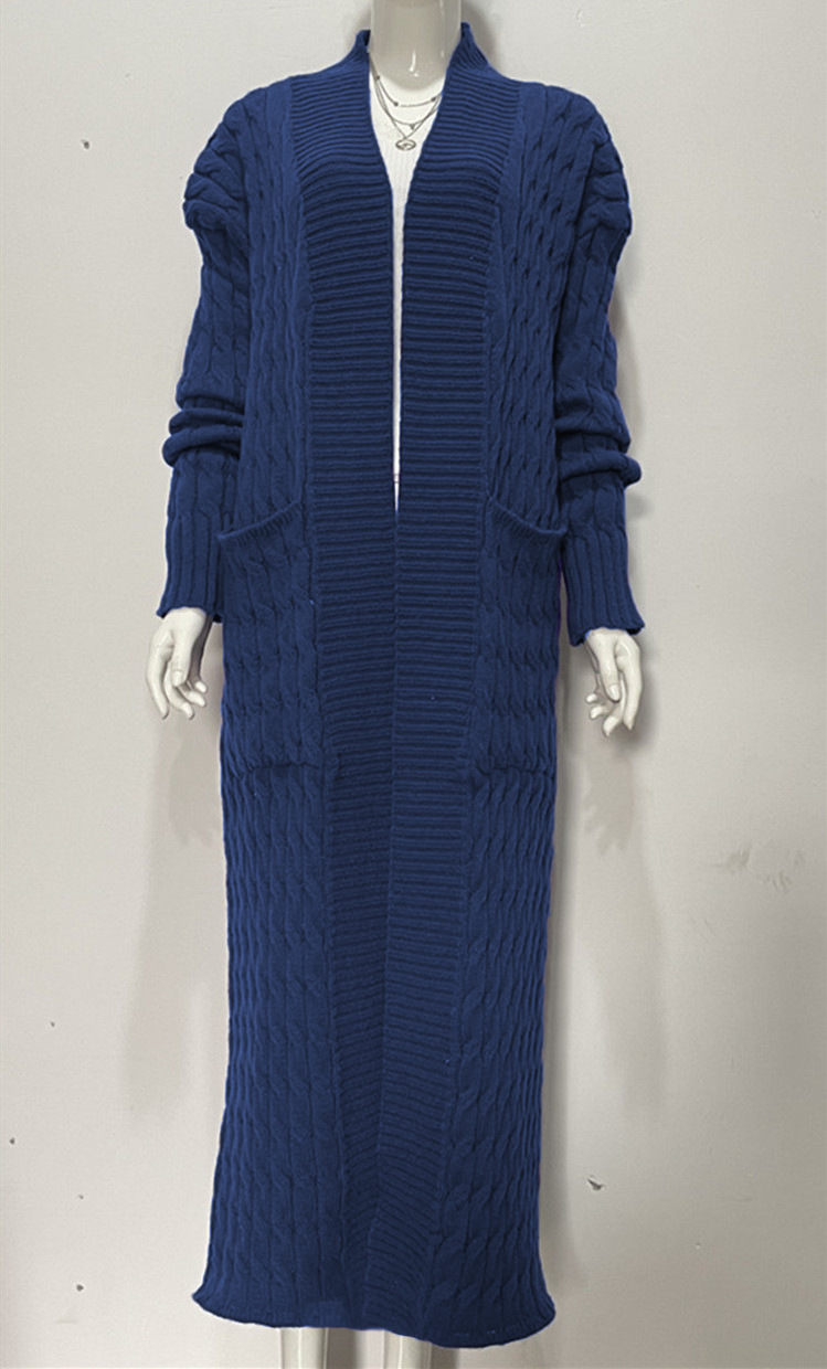 Damen-Strickjacke mit langen Ärmeln, einfarbig, langer Pullover, dicker Mantel_voghion.com