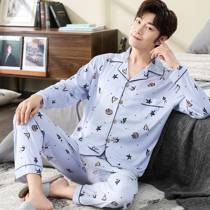 Pijamas de los hombres de manga larga de primavera y otoño de los hombres de algodón Delgado juvenil de primavera solapa cardigan simple traje de desgaste para el hogar