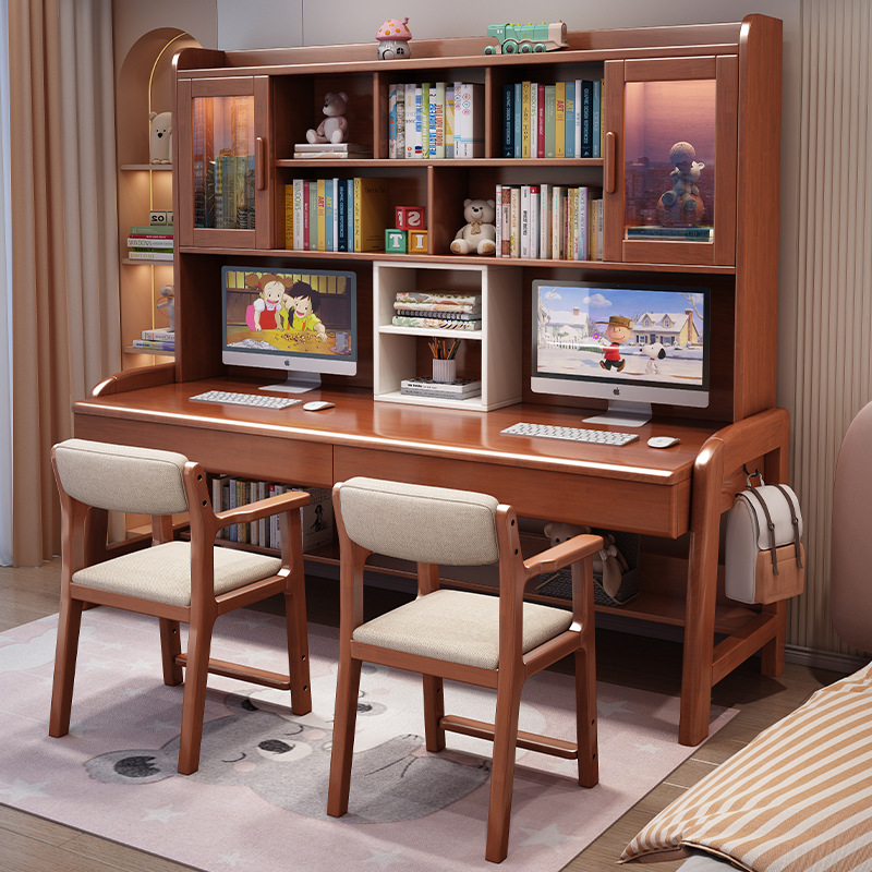 Double Writing Desk One Girl One Girl Solid Wood Desk Office Desk Home Simple Bookshelf Bedroom Desk with Bookcase