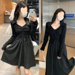 大碼法式領長袖連衣裙女秋季設計感褶皺收腰顯瘦垂墜感字小黑裙