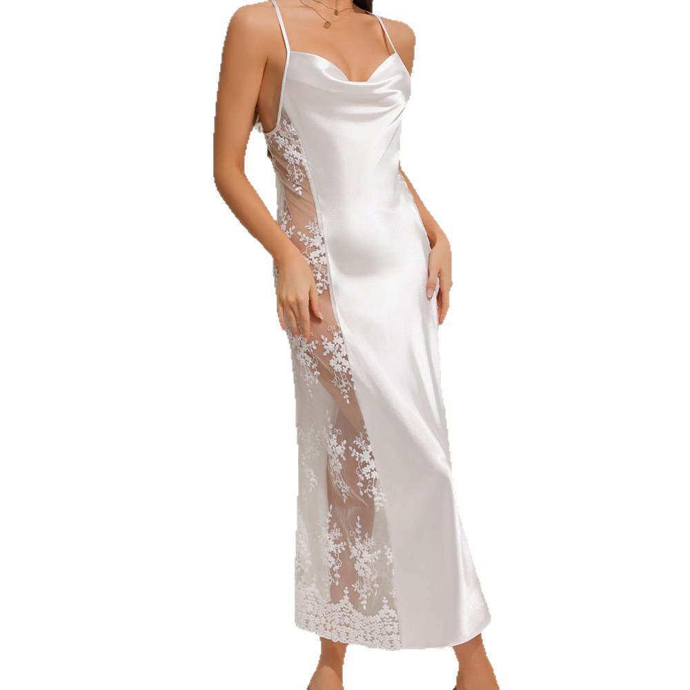 Camicia da notte sexy con schiena scoperta, spalline incrociate, in pizzo, elegante, lunga, canotta, abbigliamento da casa per donna SQ22233_voghion.com