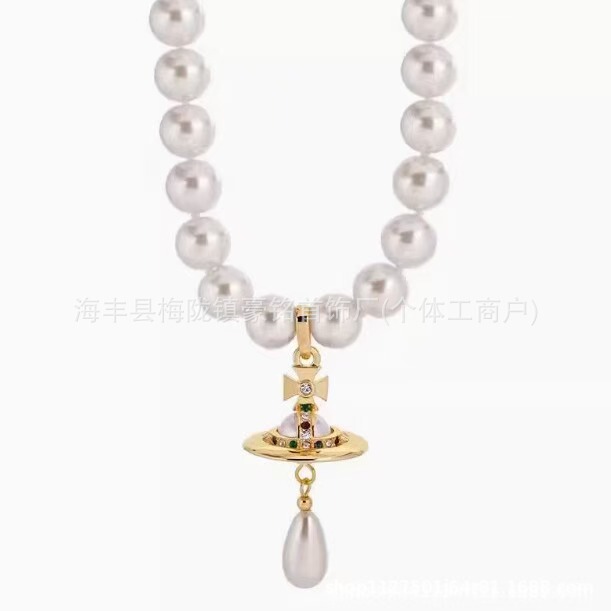 西太后水滴珍珠吊坠立体土星飞碟珍珠项链choker复古女锁骨链|undefined