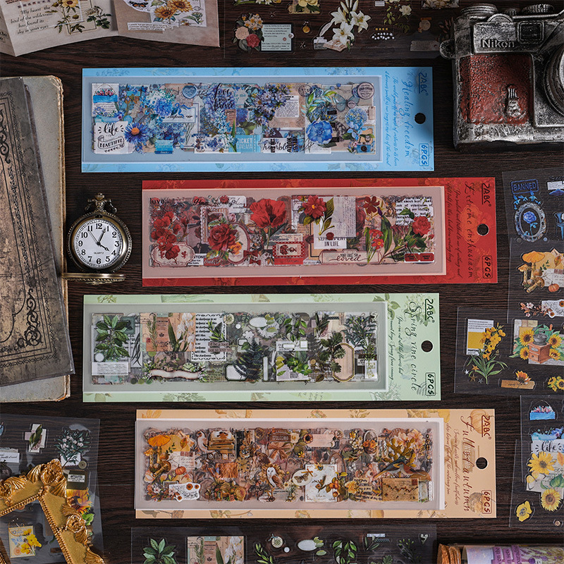 Cuatro estaciones de amor serie transparente pegatinas impermeables para mascotas diy pegatinas florales retro pegatinas de plantas de escritura decoración