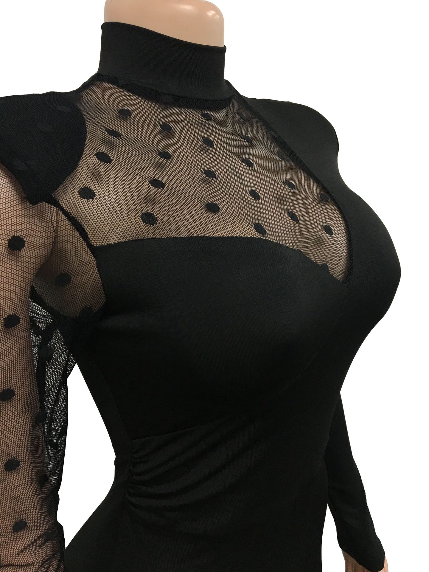 Women's Clothing fashion women's polka dot mesh see-through long-sleeved trousers solid color jumpsuit_voghion.com