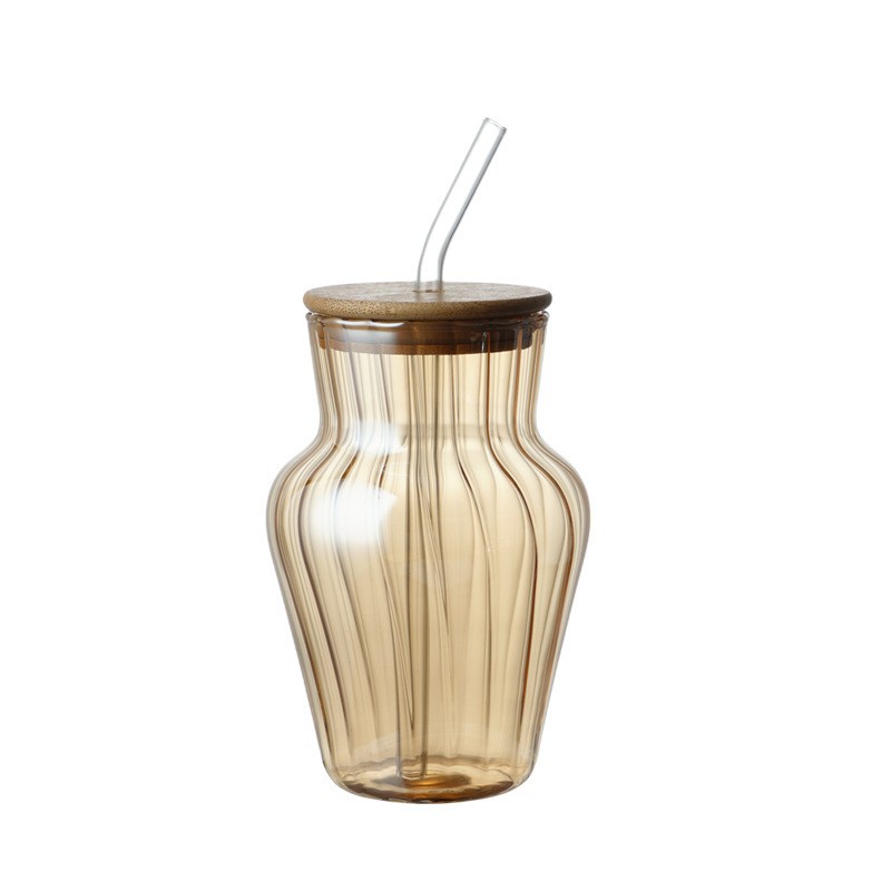 Suministro de tazas de paja de vidrio de alta borosilicona cubierta de madera de bambú tazas de vidrio rayadas tazas de bebida fría tazas de leche ins bebidas frías rojas image 11