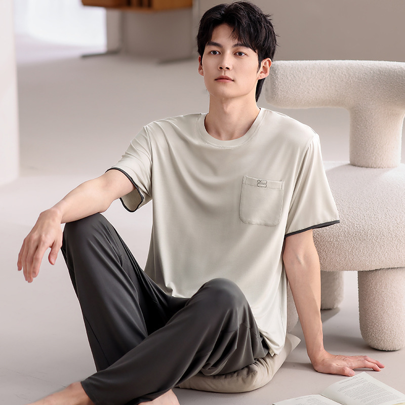 男性用パジャマ夏の新しいモーダル半袖ズボン 2 点セットティーンエイジャー薄型スタイルは家の服の外で着用できます大きいサイズ|undefined