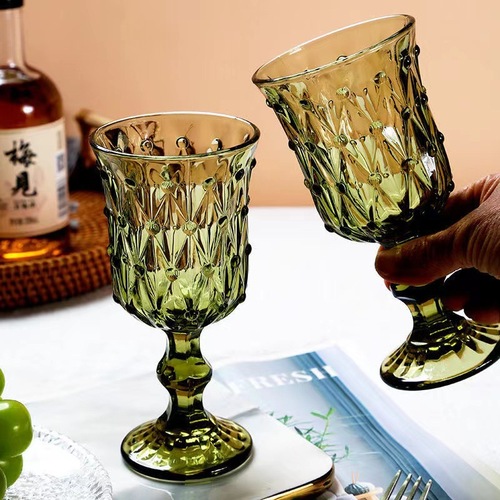 复古欧式浮雕水杯彩色红酒玻璃杯子加厚高脚杯葡萄酒牛奶杯子酒具