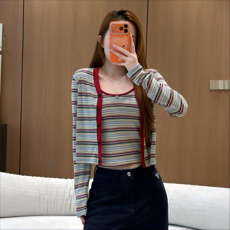 Sweet girl rainbow striped two-piece set for women, featuring a color-blocked red-trimmed V-neck knitted cardigan and a slimming camisole