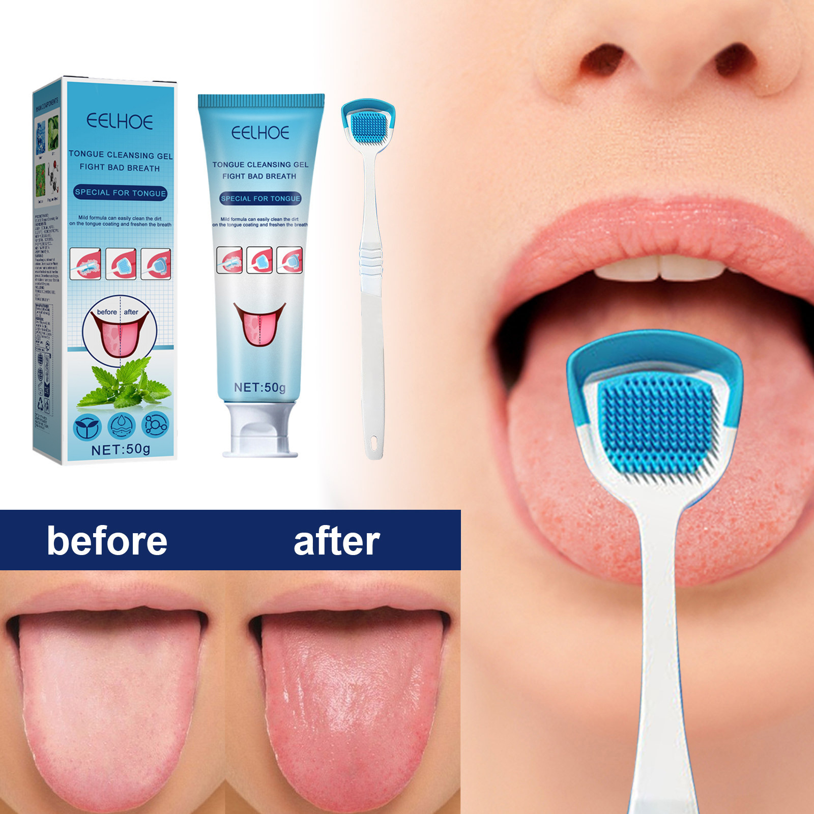 Eelhoe Tongue Cleaning Gel with Brush Tongue Cleaning Oral Care Improves Oral Odor and Freshens Breath