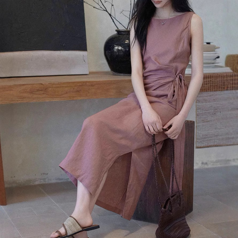 Two sheep [Le Wei] 100 linen crew neck sleeveless dress women's lace-up waist commuter Joker skirt