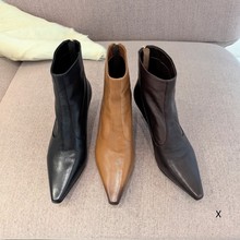 欧洲站XJ女鞋25秋冬时尚软胎牛皮尖头舒适款后拉链细中高跟皮短靴