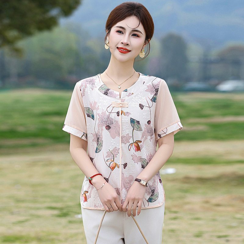 New Summer Stylish Blouse for Moms, Fashionable T-Shirt for Middle-Aged and Elderly Women, New Chinese-Style Chiffon Top with Three-Quarter Sleeves
