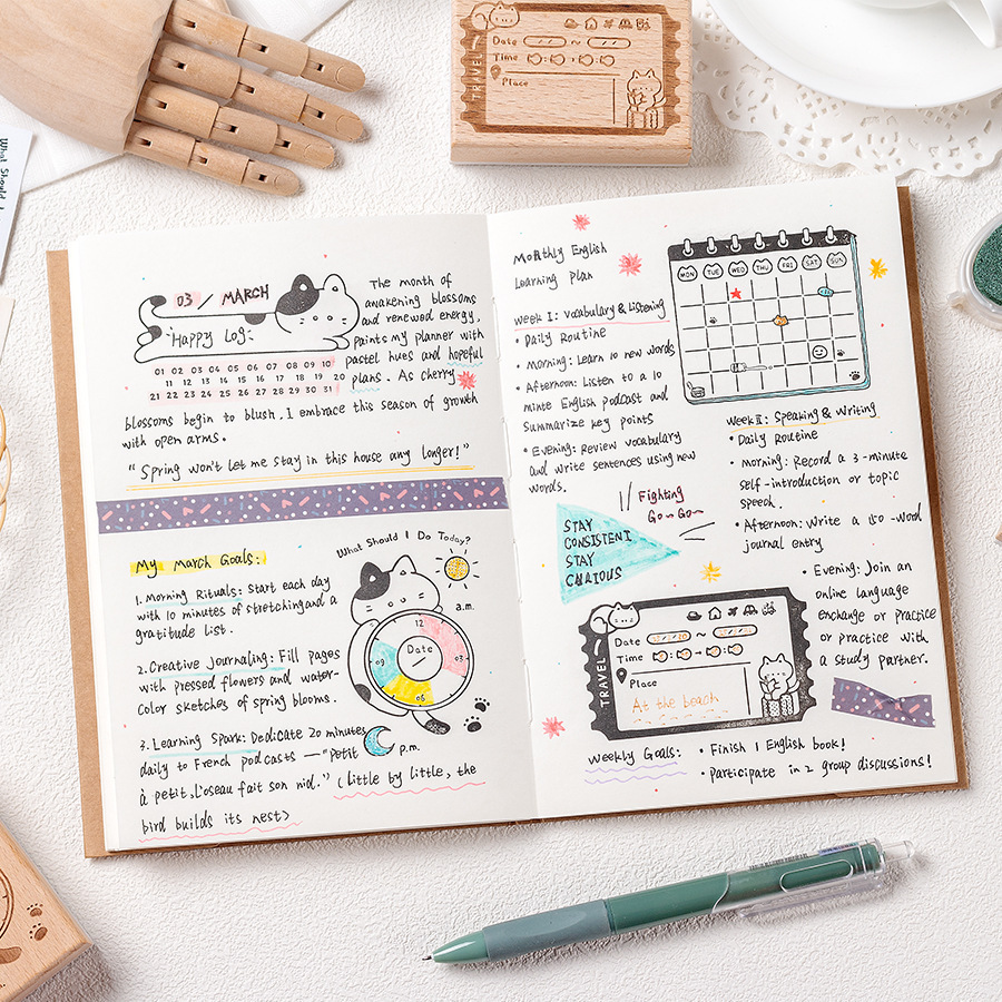 Memorando caja de gato de madera cuaderno de mano sello retro gato calendario sello de hayale diario sello de memo