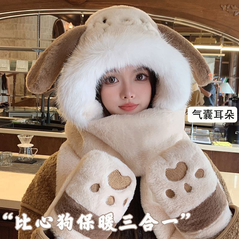 帽子围巾一体女冬季可爱毛绒帽保暖护耳连帽冬手套三件套|undefined