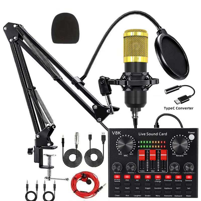 bm800 dorado + v8k tri-pusher + conjunto de conversión typec + auriculares