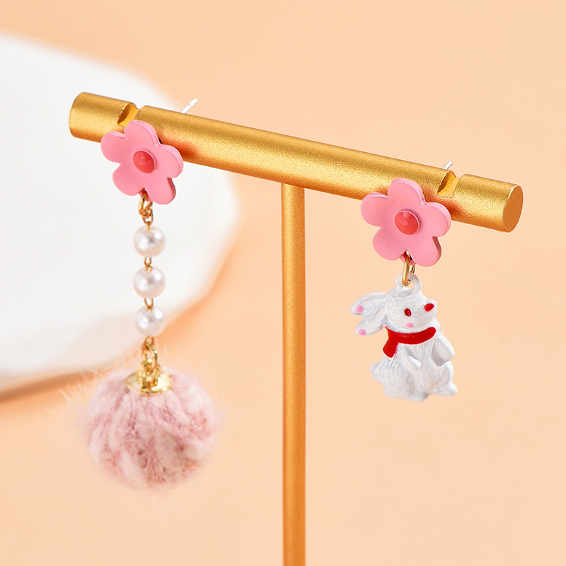 1 Pair Cute Rabbit Flower Imitation Pearl Alloy Spray Paint Plating Inlay Artificial Gemstones Women