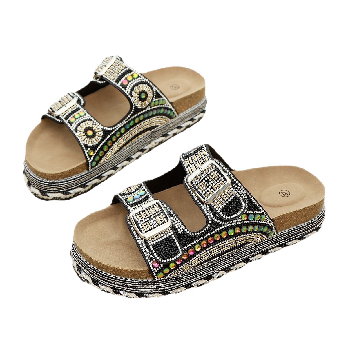 Women's Summer Rhinestone Platform Sandals Thick Sole Belt Buckle plus Size Shoes Size 43 New Style_vogvips.com